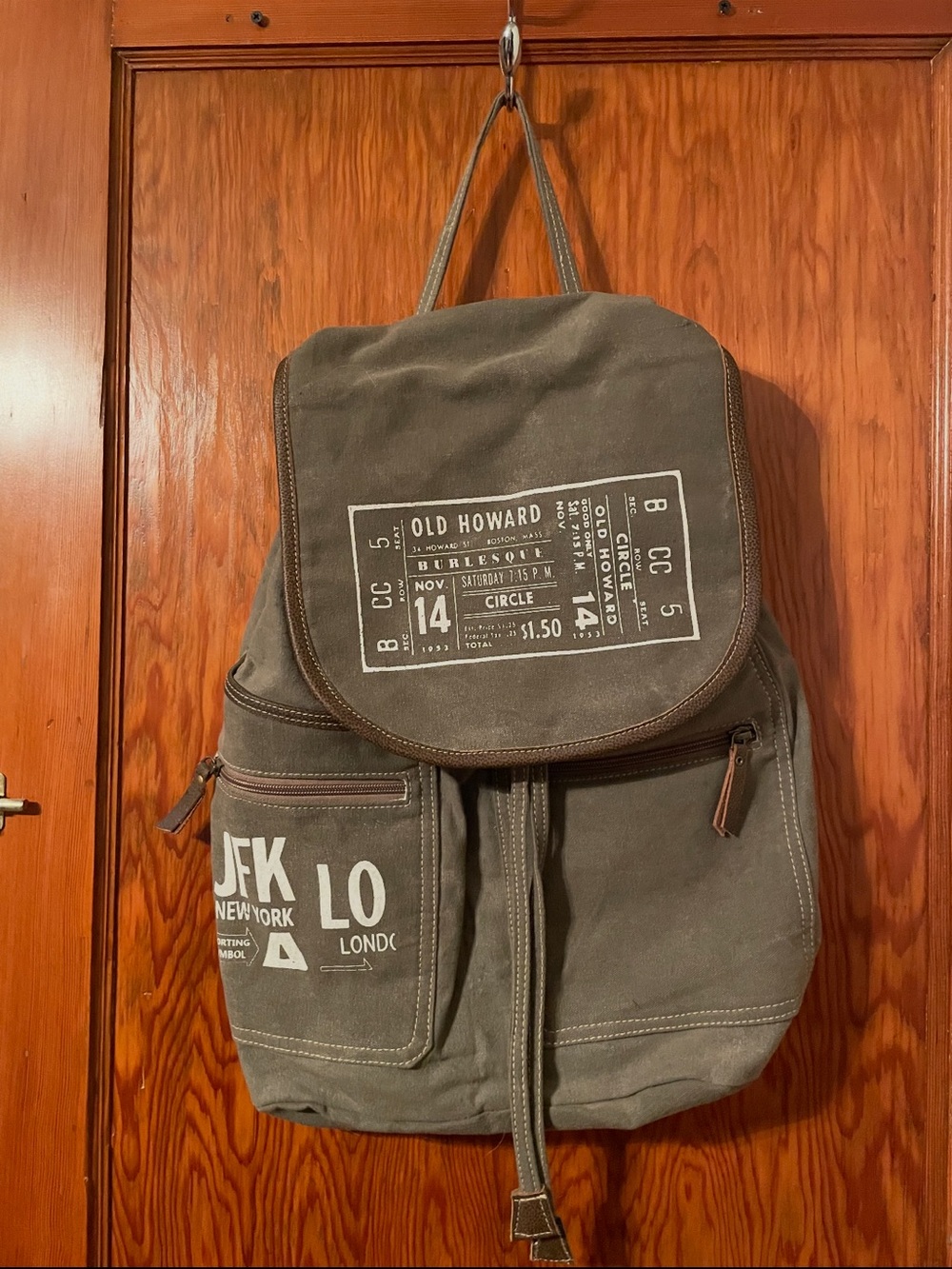 Canvas Flap Backpack in Olive Green with White Print